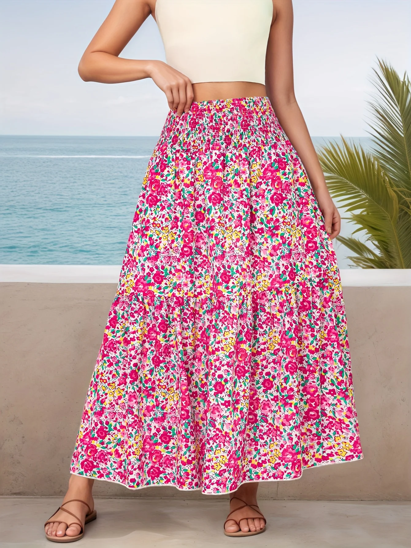 

Женские длинные юбки макси с высокой талией, цветочным принтом и оборками, в стиле бохо, для пляжного отдыха и повседневной носки