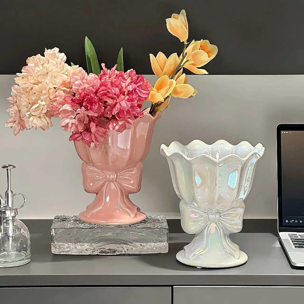 Nordic Style Bow Bouquet Ceramic Vase, Entrance Living Room Desktop Floral Decoration