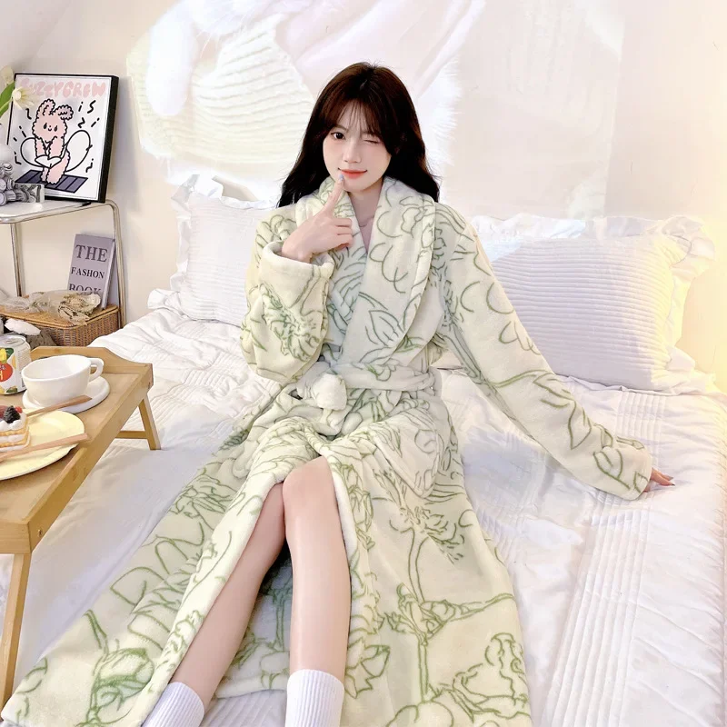 Lady Autumn Winter Nightwear Cute Flannel Bathrobe Gown Loose Robe Soft Loungewear Home Clothes Elegant Flower Print Kimono