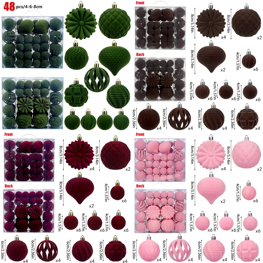 

48PCS Velvet Christmas Tree Ball Ornaments Army Green Mixed Size 4/6/8cm Mix Holiday Hanging Decorations Set DIY Xmas Decor