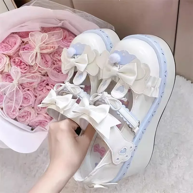 Cute Sweet Lolita Shoes Heightening Platform Flats Japanese Style JK Little Leather Shoes  Knot round Toe mid Heel