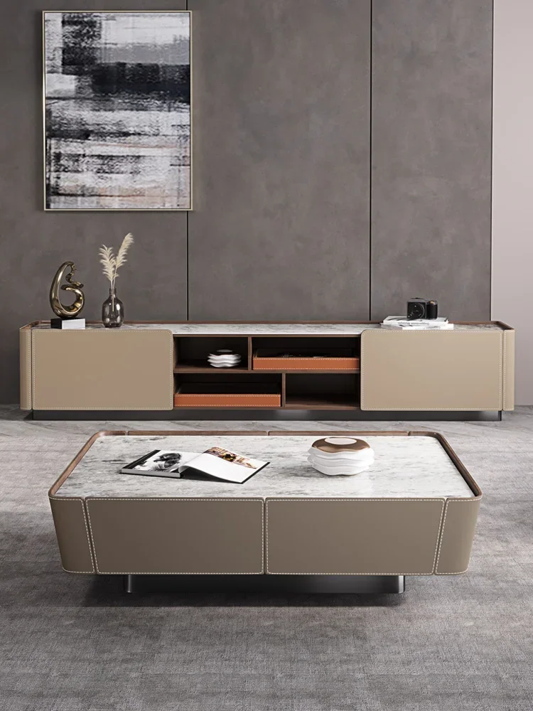 

t Luxury Rock Plate Tea Table TV Cabinet Combination Modern Home Nordic High end Saddle Leather