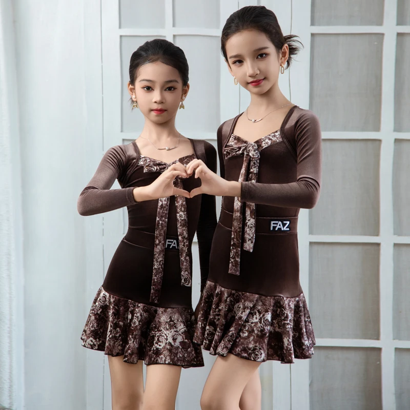 Trajes de baile latino para niñas, faldas divididas con estampado de café, traje de práctica para niños, ropa de escenario de baile latino XH3762, novedad de 2025