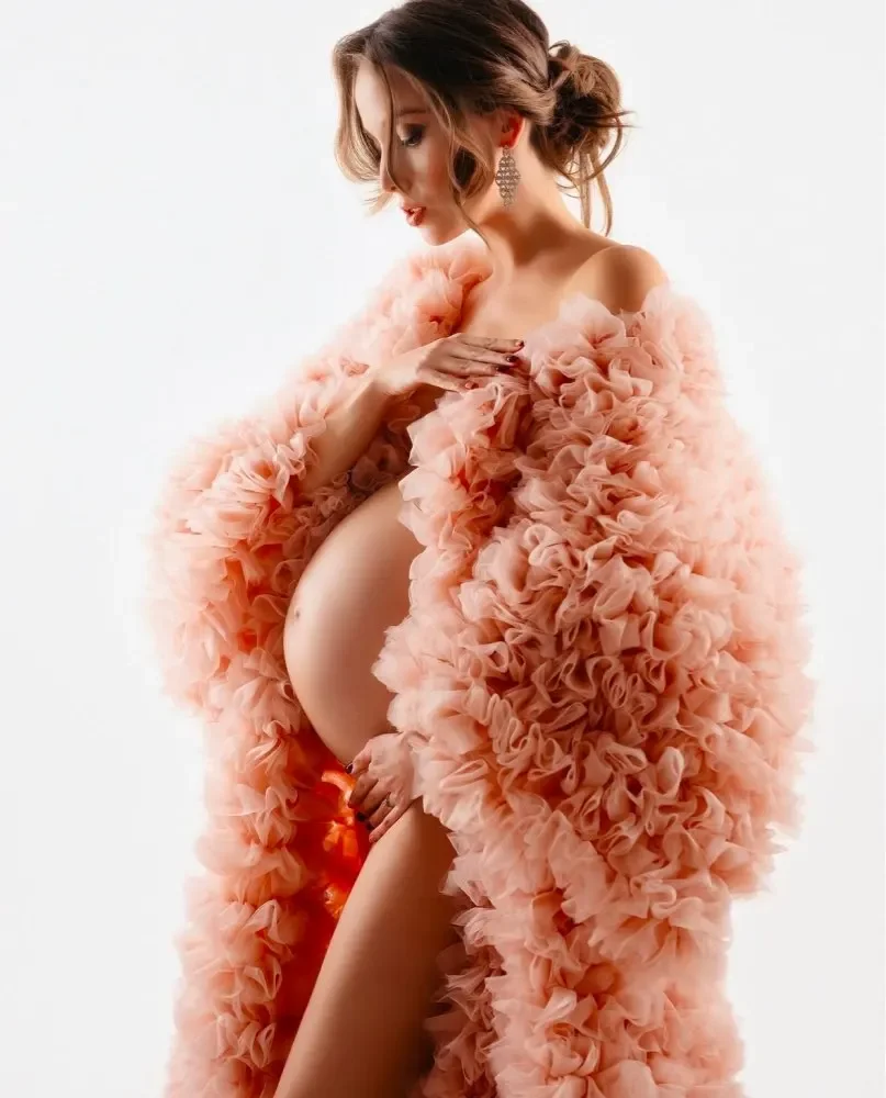 Dreamlike Tiered Tulle Maternity Dresses Photoshoot Long Coat Pregnancy Jackets Extra Puffy Mesh Women Cape Bridal Shower Coats