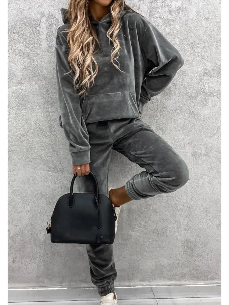 

Casual Solid Hoodie Set For Women Fashion Long Sleeve Hooded Tops+High Waist Pants 2 Pieces Sets Lady Sports Womens Clothing New