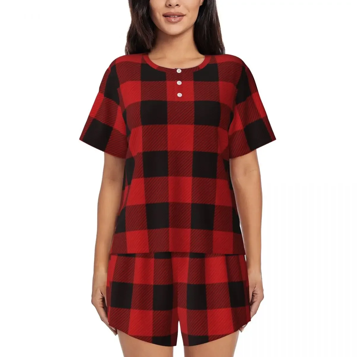 

Country Christmas Buffalo Plaid Round Neck Short Sleeve Nightgowns for Sleeping Sleepshirts Women Loose Pajama Set Short Pants
