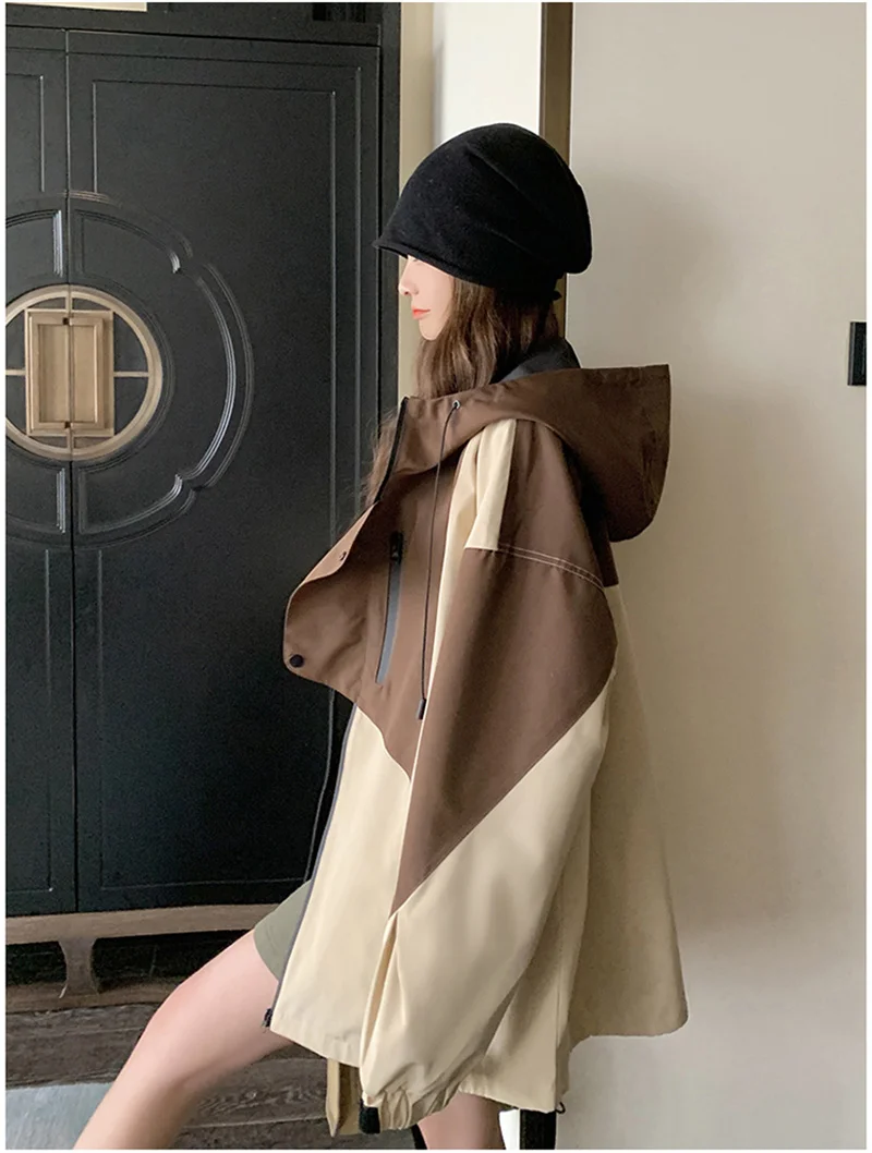 Color Blocking Patchwork Hooded Assault Jacket For Women Small Tall 2024 Autumn New Korean Version Loose And Versatile Jacket