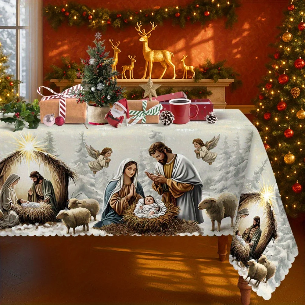 One-piece tablecloth for Christmas joy, featuring the Christmas birth of Jesus decoration design - Winter snow forestzyc