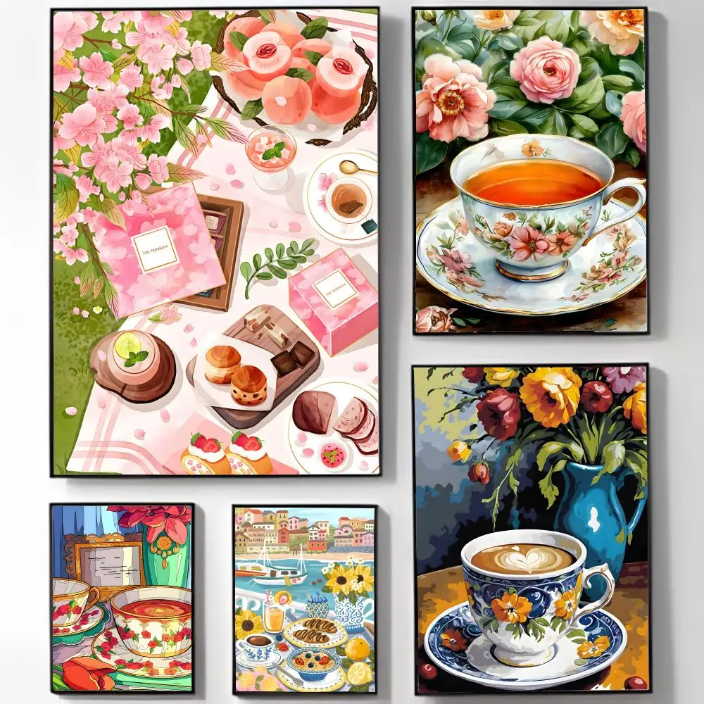 Fashion Elegant Cozy Art Afternoon Tea Coffee Cup Poster High-definition Art Sticker Self Adhesive Waterproof Home Decoration