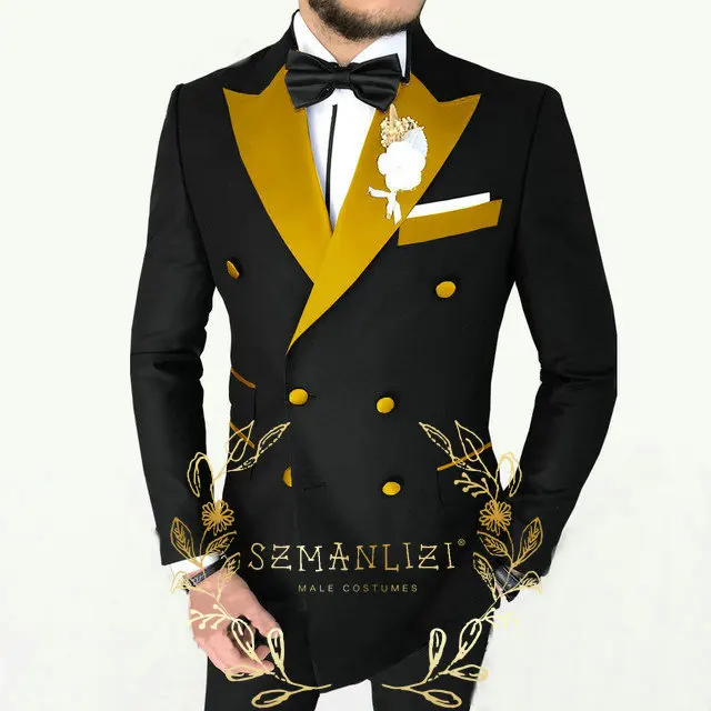 

SZMANLIZI Latest Design Black Double Breasted Wedding Suits For Men Slim Fit Groom Formal Party Gold Lapel Tuxedo Male Suit