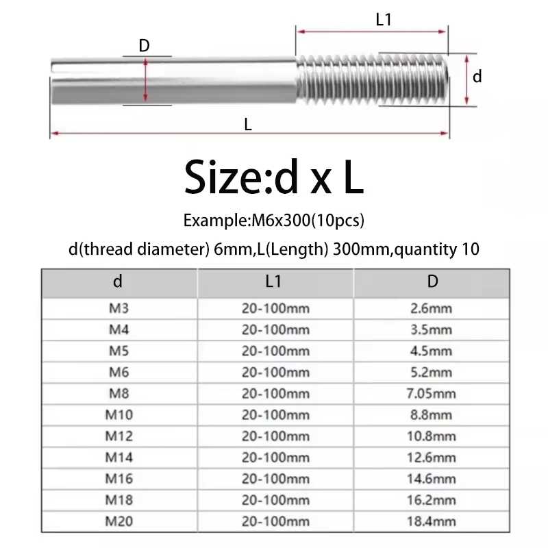 304 A2 Stainless Steel Single End Thread Rod M3 M4 M5 M6 M8 Single Head Threaded Bar Headless Stud Bolts Screw Extension Rod
