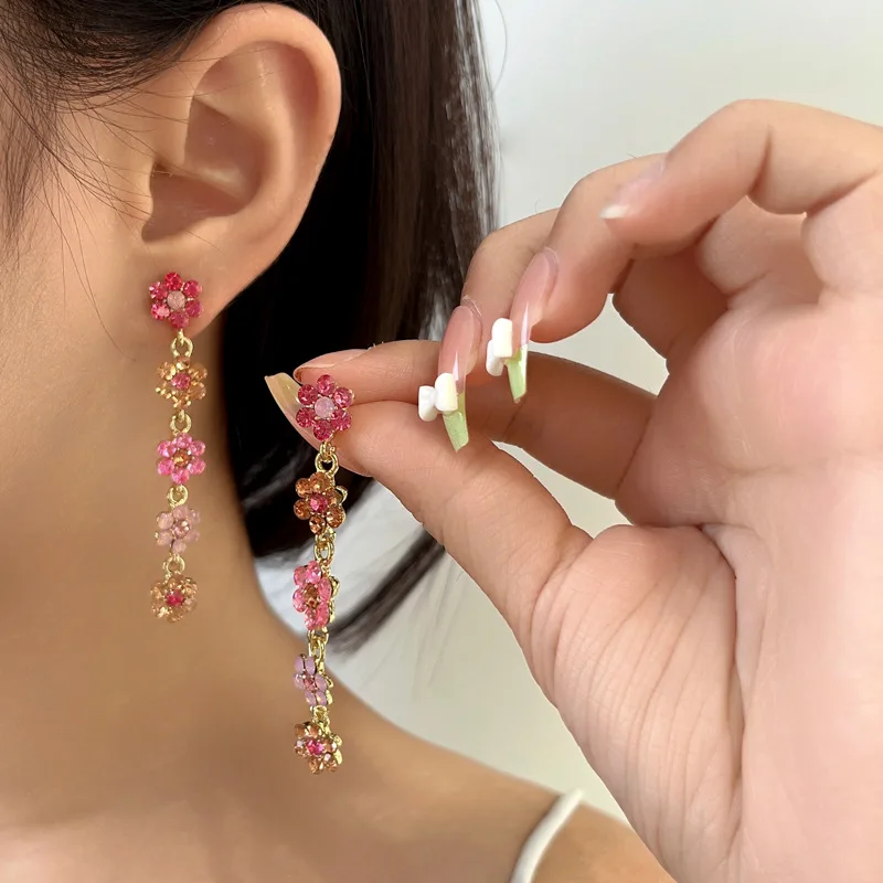 New Colorful Flower Rhinestone Long Earrings for Women Personality Fashion Summer Accessories Girly Party Jewelry Birthday Gift