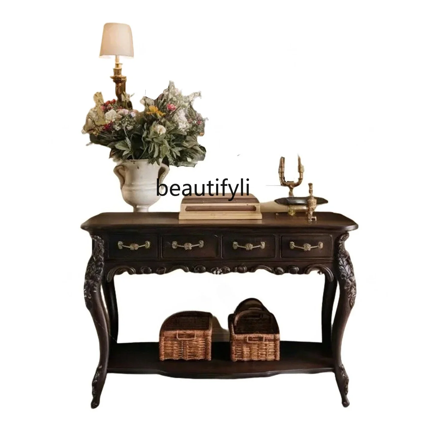 

Retro light picking solid wood carving flower porch cabinet home living room decorative cabinet locker multi-drawer birch