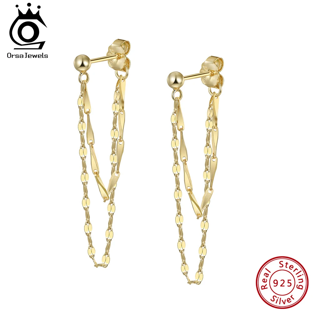 

ORSA JEWELS New Double Layers 925 Sterling Silver Long Tassel Pendant Earrings Sparkling Chain Earrings Wedding Jewelry APE151