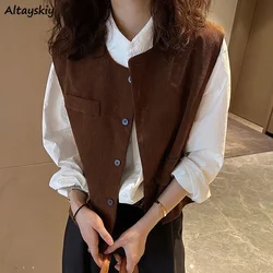 Corduroy Vests Women Vintage Preppy Sleeveless O-neck Simple All-match Outwear Loose Sweet Young Lady Streetwear Gentle Newly