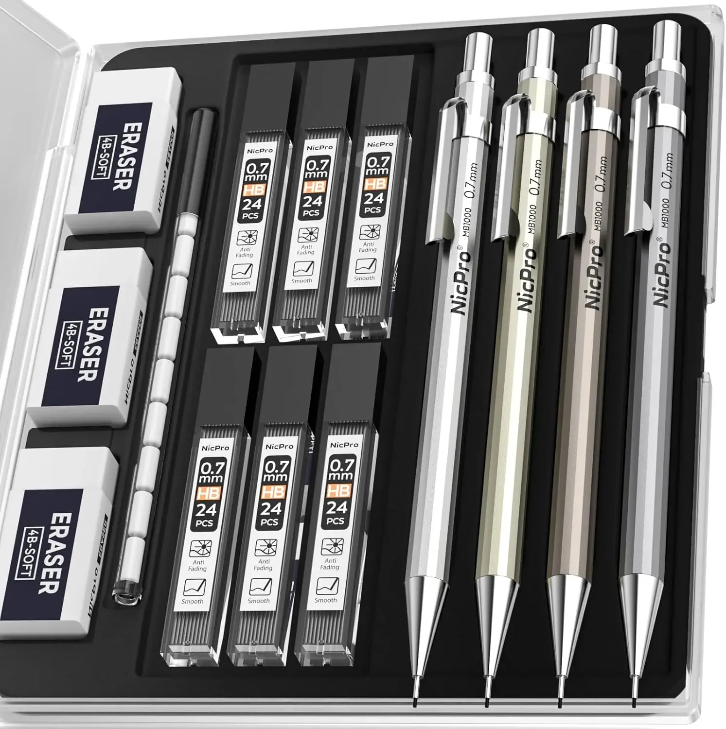 

4 Pack Metal Mechanical Pencil 0.7mm With Case, Premium Drafting Set For Artists & Students