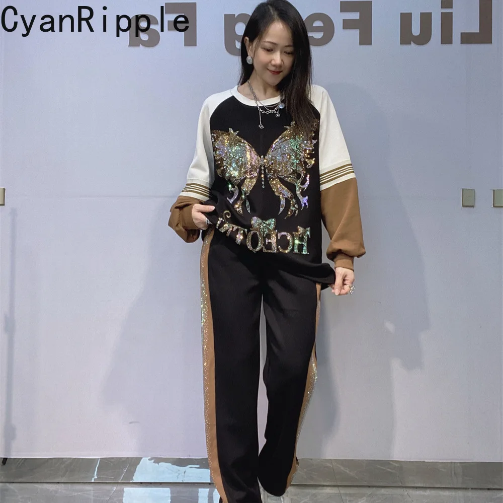 Trendy New Autumn Women Sports Sets Colorblock Hot Diamonds Space Cotton Long Sleeve Pullover Top + Elastic Waist Straight Pants