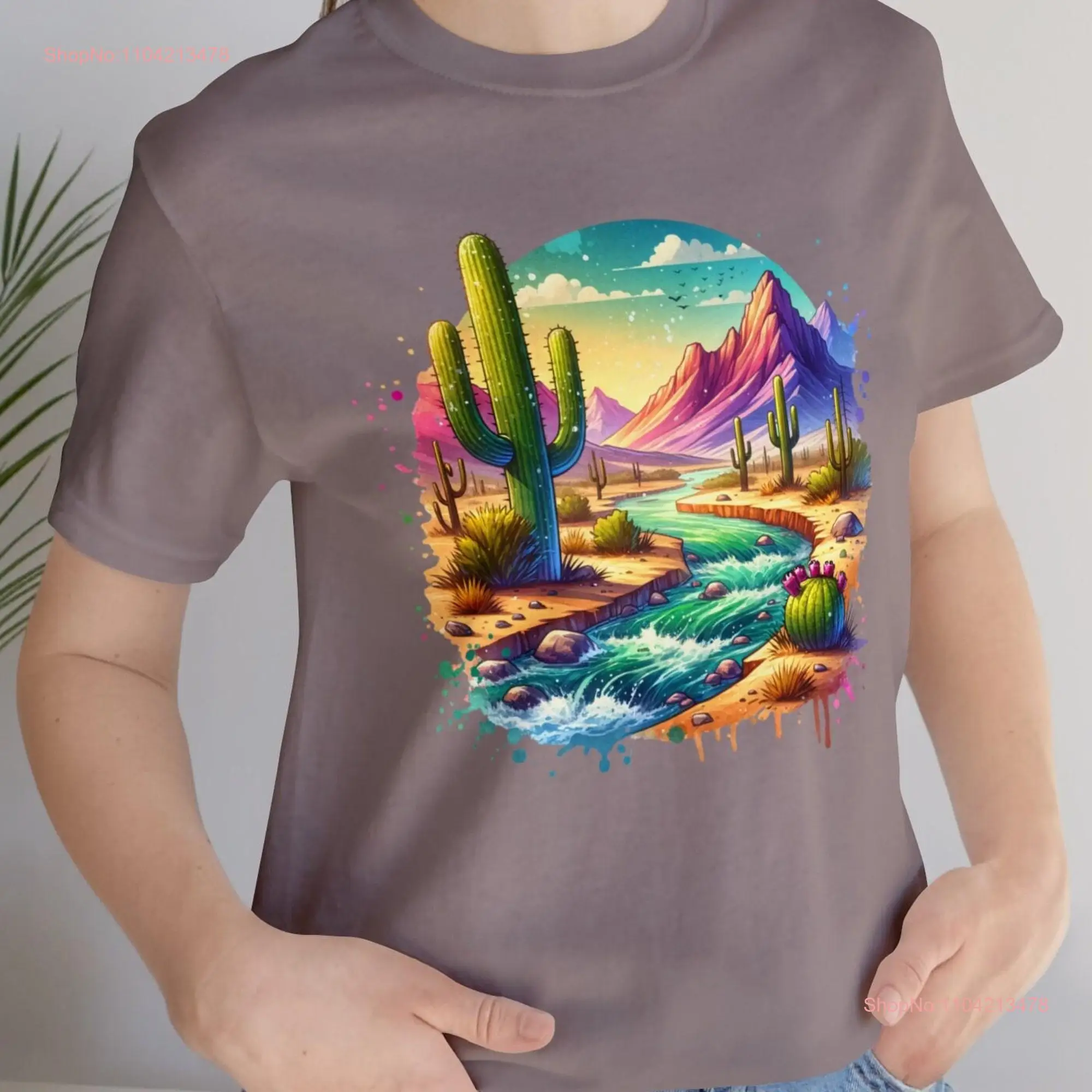 Beautiful water color desert print Jersey  T Shirt Watercolor Cactus and rapids design Sedona long or short sleeves