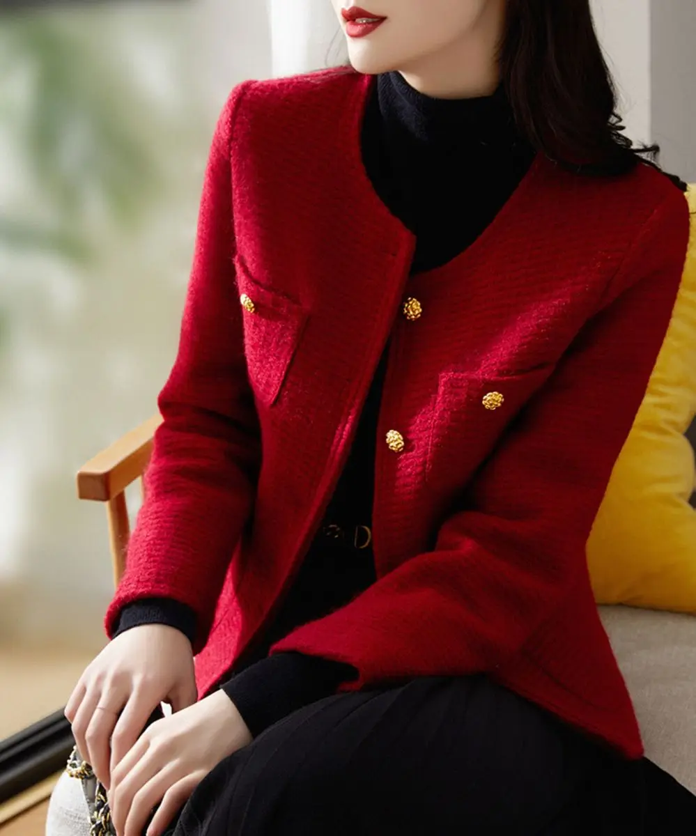 Women\'s Spring Autumn New Red White Fragrant Coat Chic Outerwear Tops High Street French Fashion