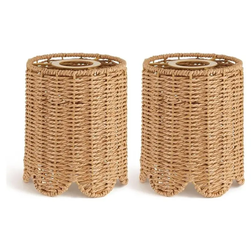 CYCLI-2 Pcs Rattan Lamp Shade,With E14 Adapter Ring Drum Lamp Shade E26 E27 Lampshade Light Cover Chandelier Floor