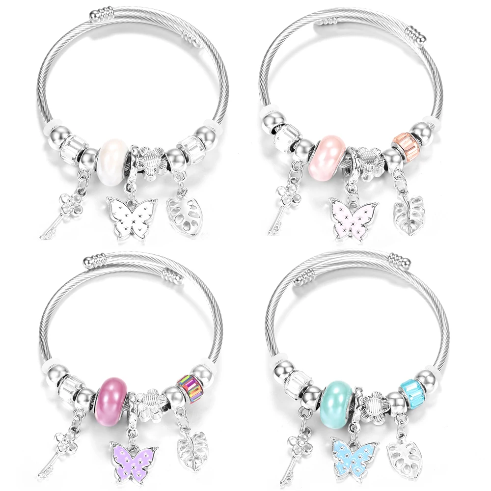 Trendy Ins Style Painted Butterfly Pendant Stainless Steel Beaded Bracelet 4 Colors Closure Bangles Women Charm Bracelet Jewelry