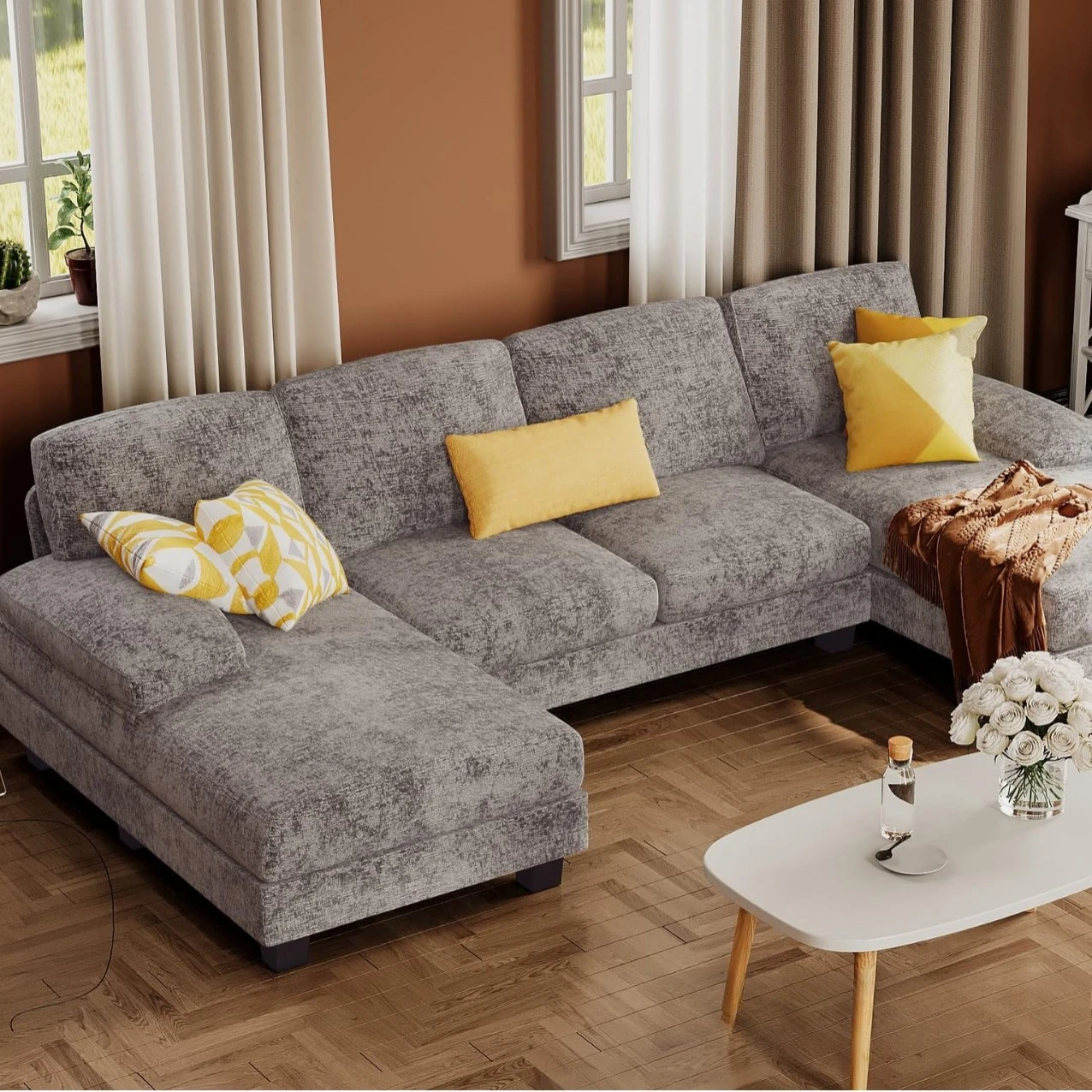Living room sofa, U-shaped sofa sofa, linen fabric, 4-seat sofa set