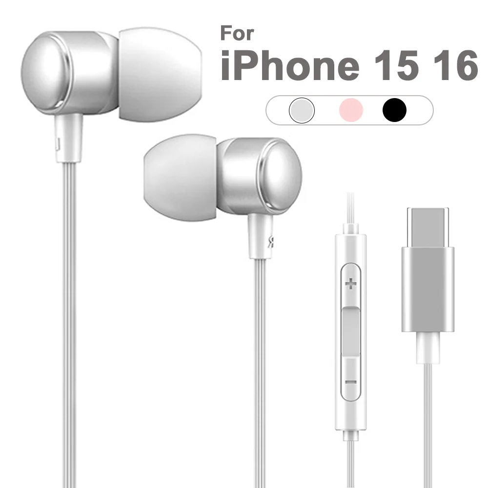 For iPhone 15 16 Pro Max Plus Wired Headphones With Microphone Surround Sound USB Type C Earphones For Apple HiFi Stereo Earbud