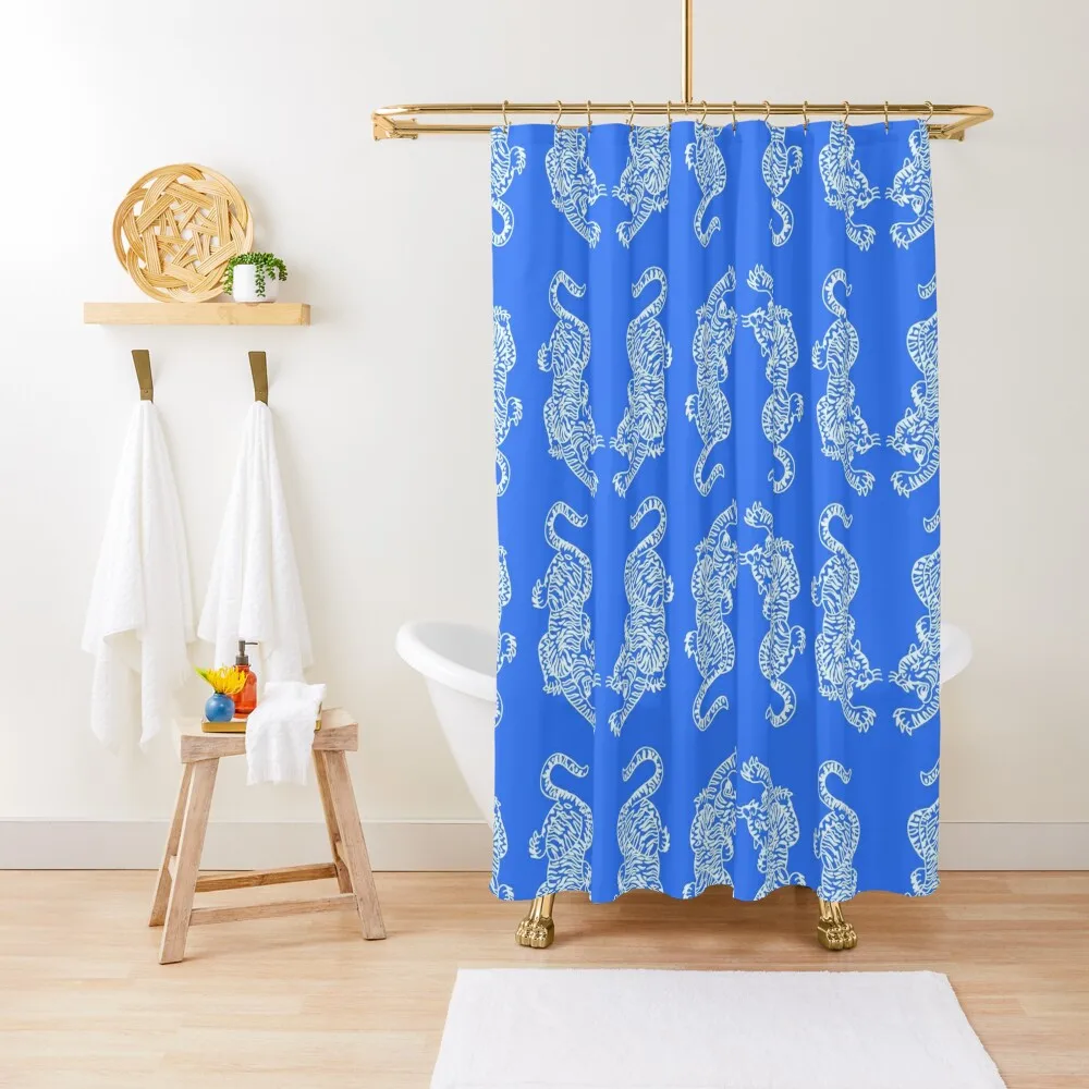 

Multi Blue Pink Tiger Repeating Print- Preppy Modern Contemporary Shower Curtain Bathroom And Shower Cover Curtain