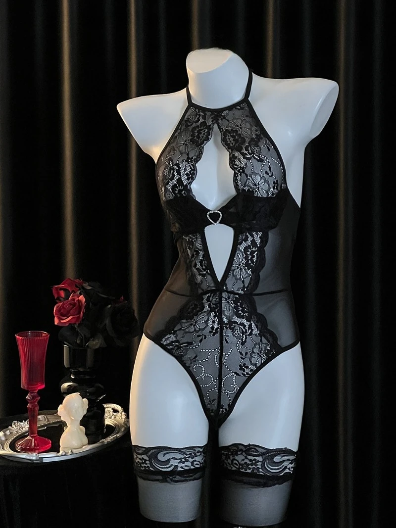 Einteiliges Kleid im DJ-Nachtclub-Stil, Spitzen-Mesh-Ausschnitt-Design für Damen, rückenfreie, übergroße Unterwäsche, sexy und lustiges Nachtclub-Outfit