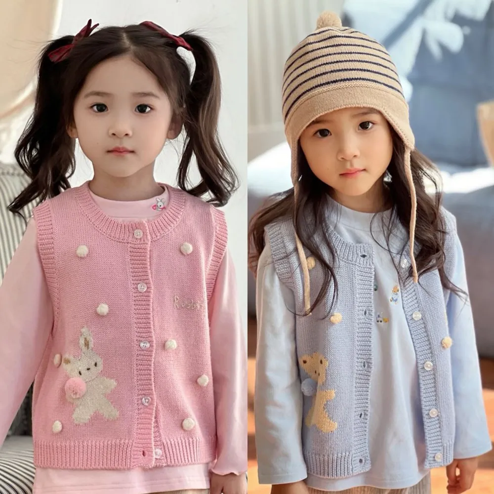 

fall kids girls clothes soft baby sweater Cartoon pattern knitted vest Pink and blue sweet and cute sweater vest