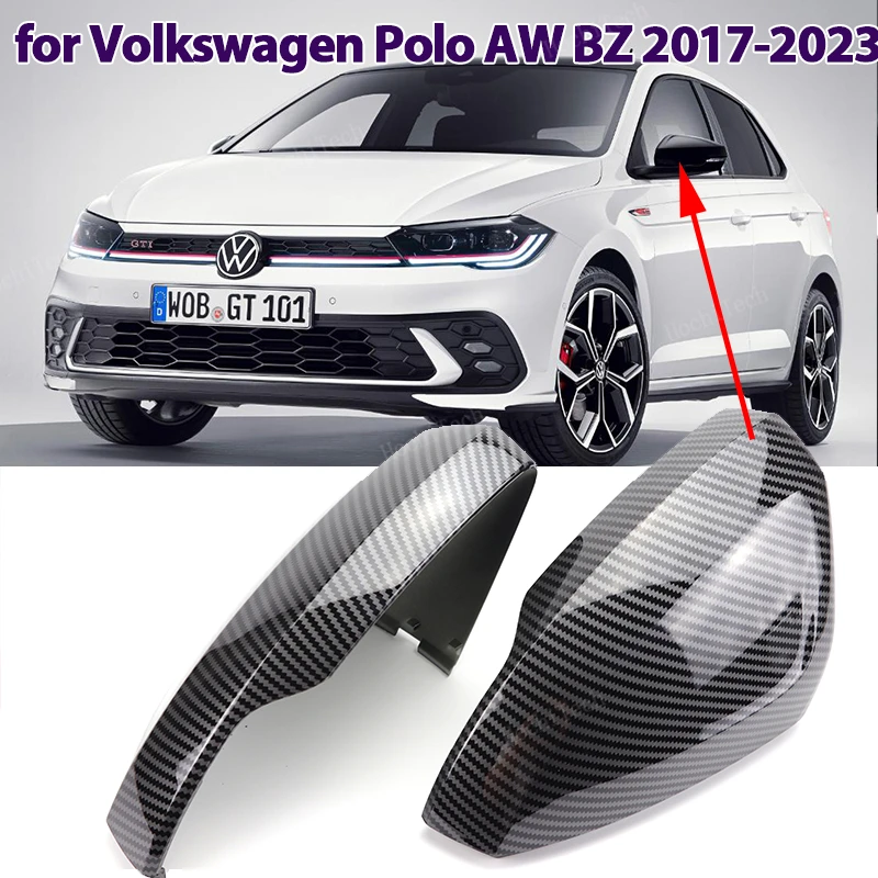 Glossy Black Carbon Pattern Rearview Exterior Side Mirror Caps for VW Volkswagen Polo AW BZ 2017-2023 Replacement