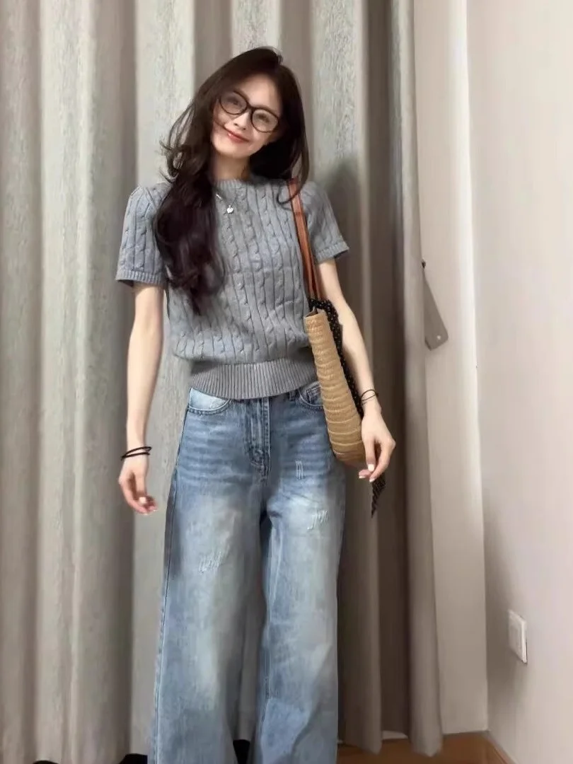 Ay tricoté ort Sve rond Ne T-irt femmes été nouveau coréen Sle coupe ample humidité ng haut léger