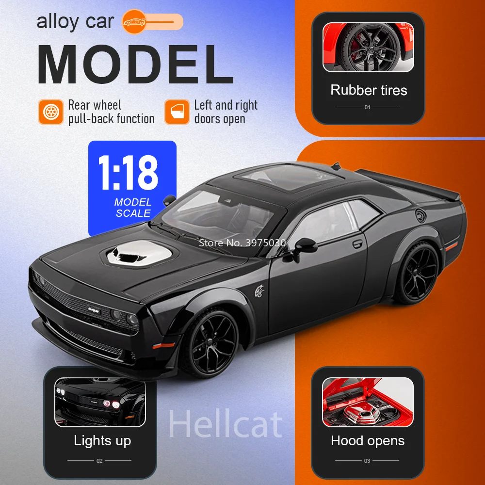 

1:18 Dodge Hellcat Sports Car Alloy Diecast Models Miniature Toy Sound and Light Doors Opened Front Wheel Steering Cars Boy Gift