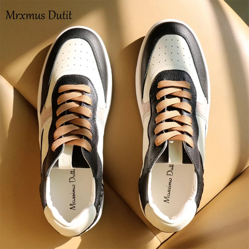 Mrxmus Dutit 2023 New Women Fashion Genuine Leather Flat Round Neck Lacing Shoes Simple Solid All-match Casual Sneaker Female