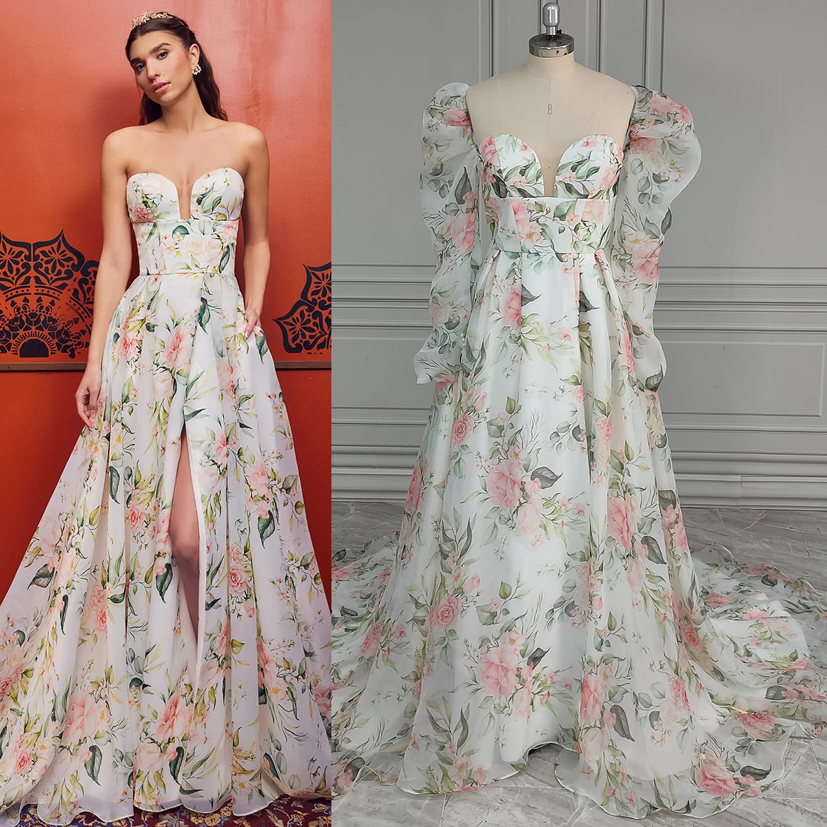 Customized Blooming Floral Organza Alternative Wedding Gowns Removable Long Balloon Sleeves High Slit Bridal Dress with Pockets