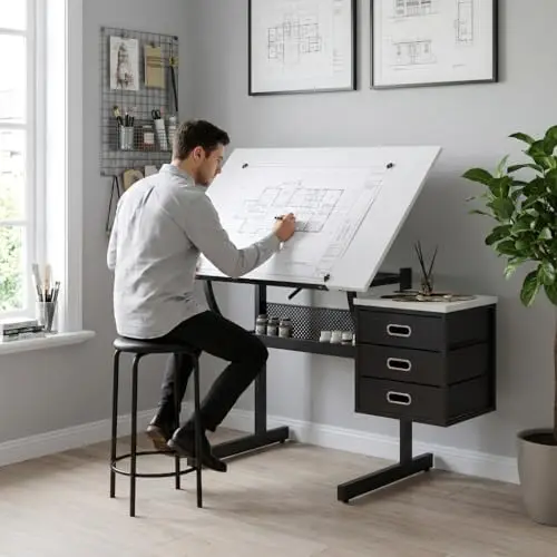 Drafting Table with Storage, Adjustable Art Desk & Art Table with Stool, 0-75° Tilting Top, 3 Drawers for Diamond