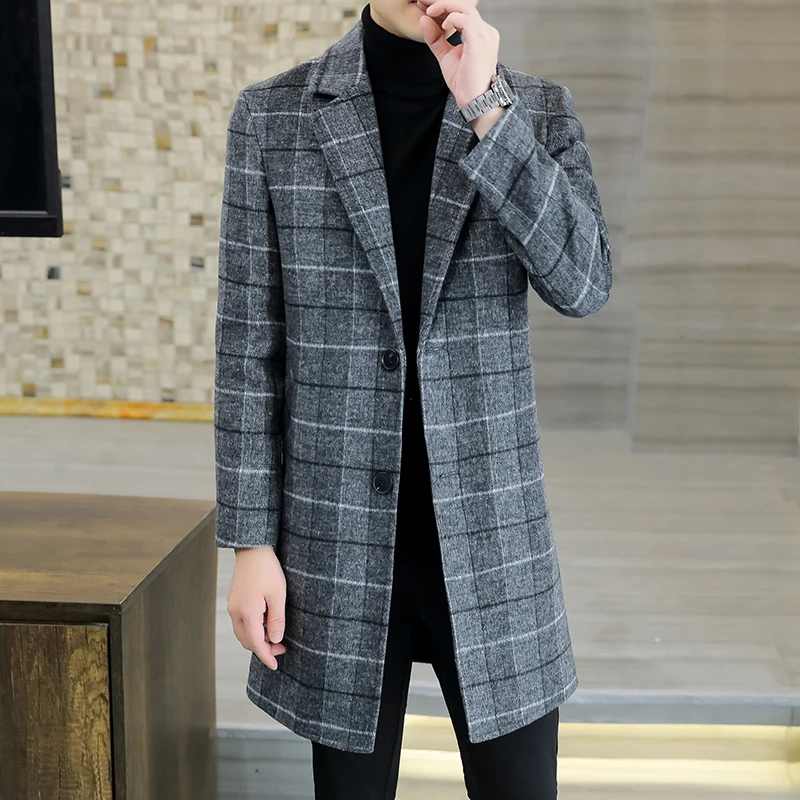 Stylish Men Plaid Wool Overcoat Camel Gray Woolen Overcoat Notched Collar Fall & Winter Confidence Menswear  Sizes 170-190 Wear