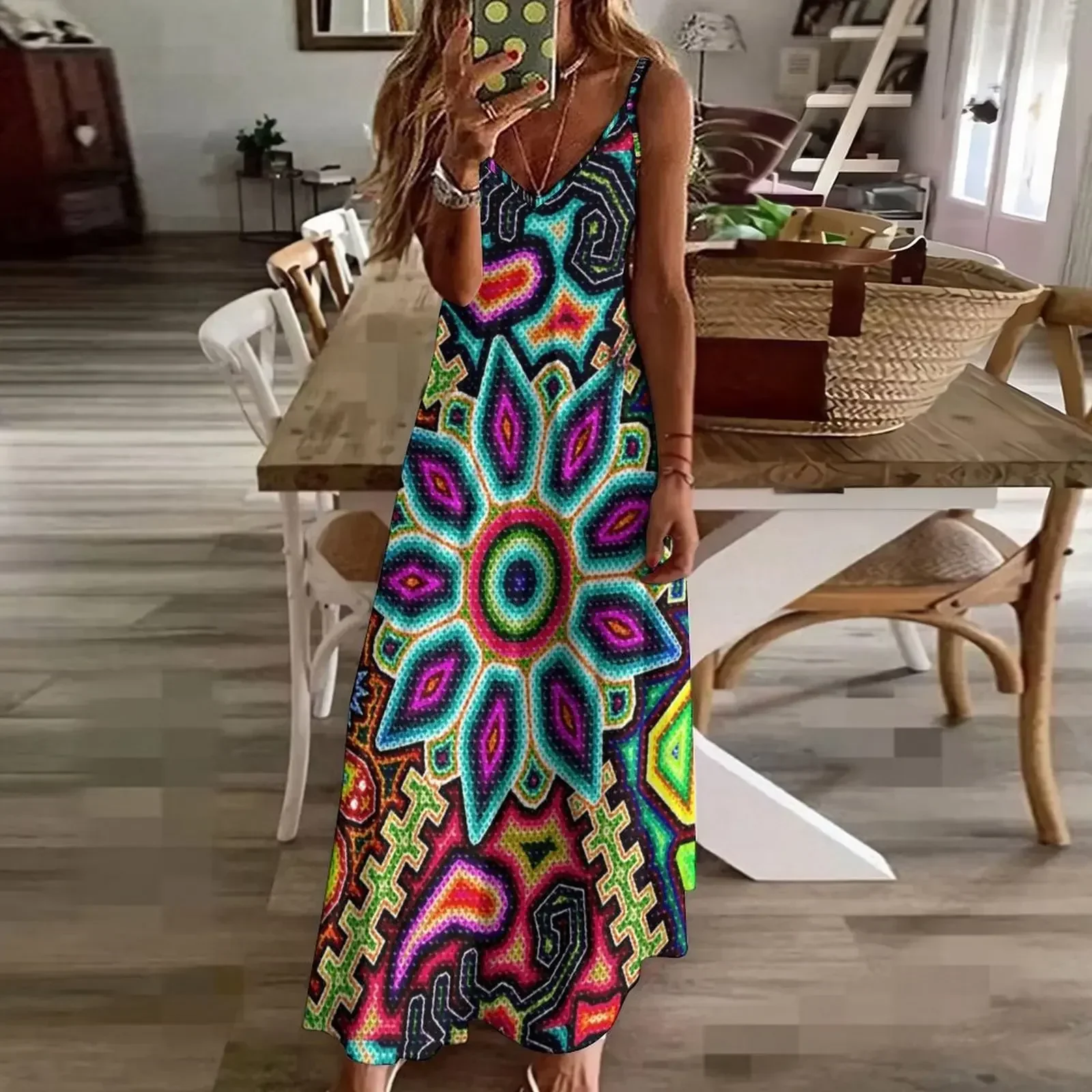 Huichol Art Mexico Ärmelloses Kleid, Ballkleid, Sommerkleid für Damen, 2025, Sommerkleider für Damen, Sommer, lang