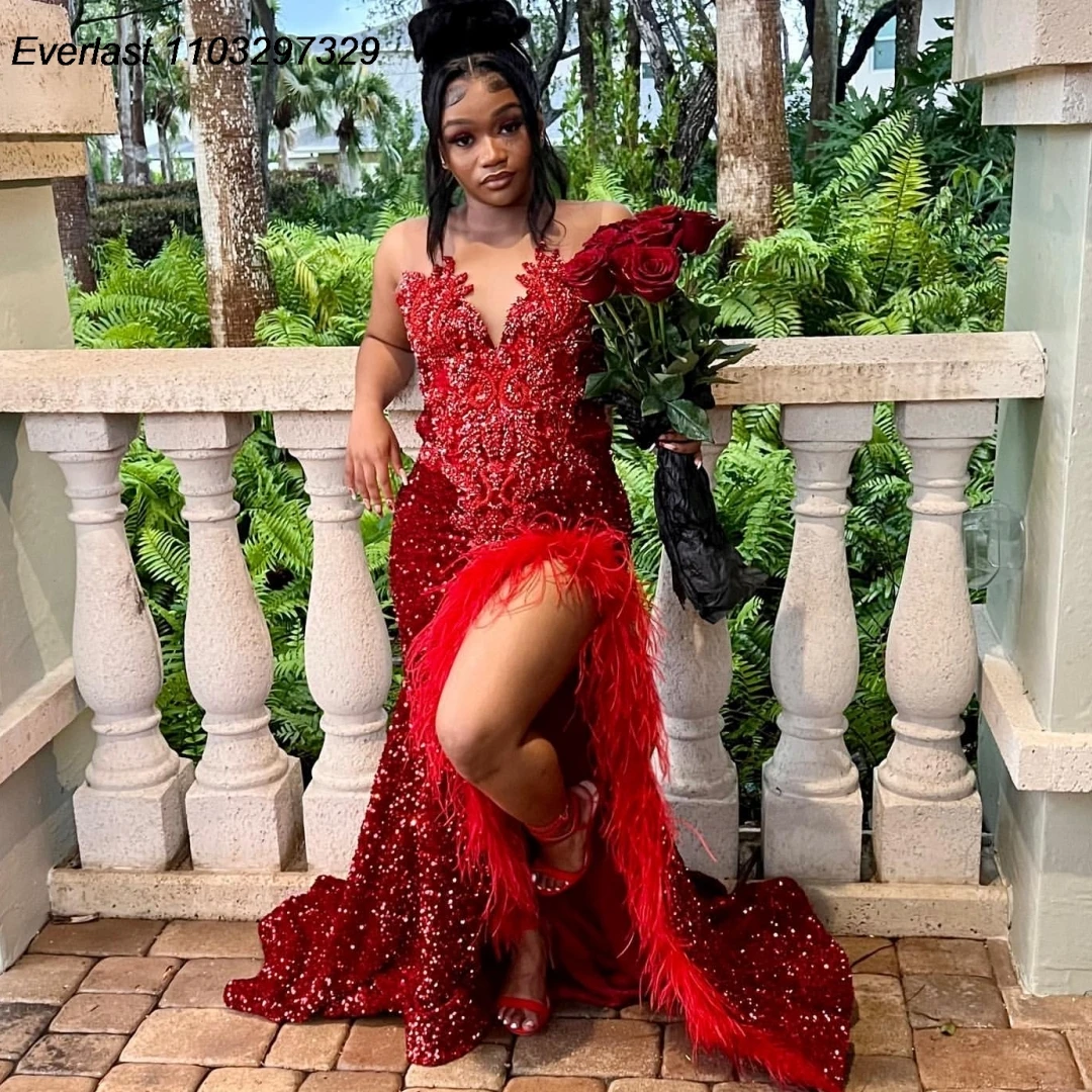 

EVLAST Red Feather Sequins Mermaid Prom Dress For Black Girls Crystals Diamonds Beaded High Slit Birthday Party Gala Gown TPD82