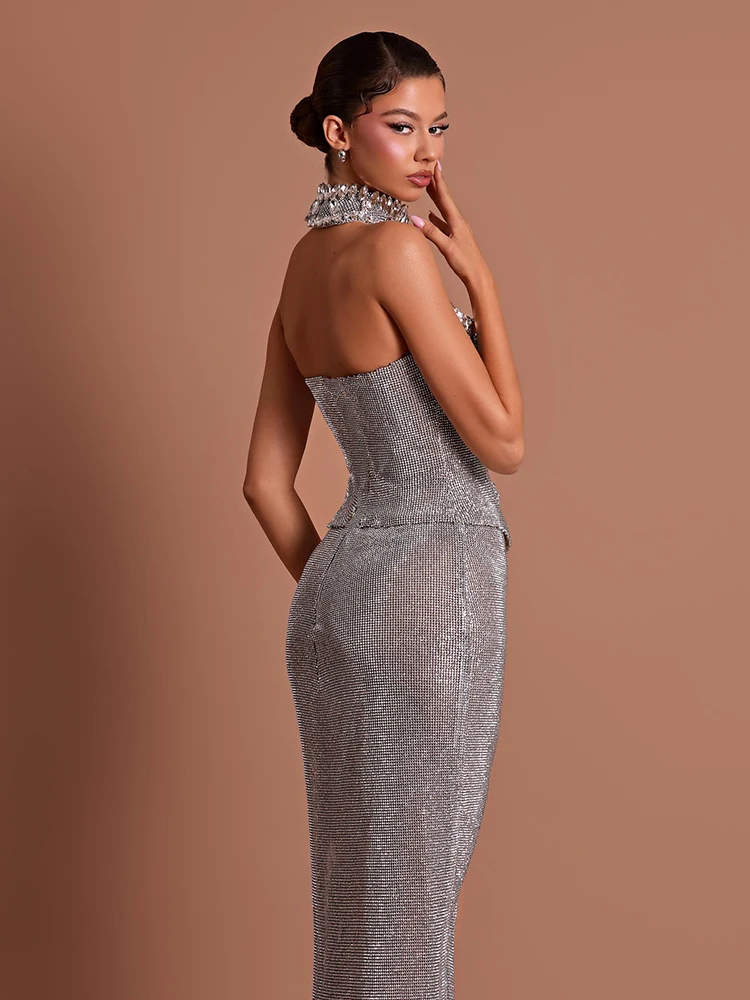 VC Luxury Silver Rhinestone Maxi Dress For Women Strapless Corset Crystal Evening Gown Elegant Celebrity 2026 New Party Dress
