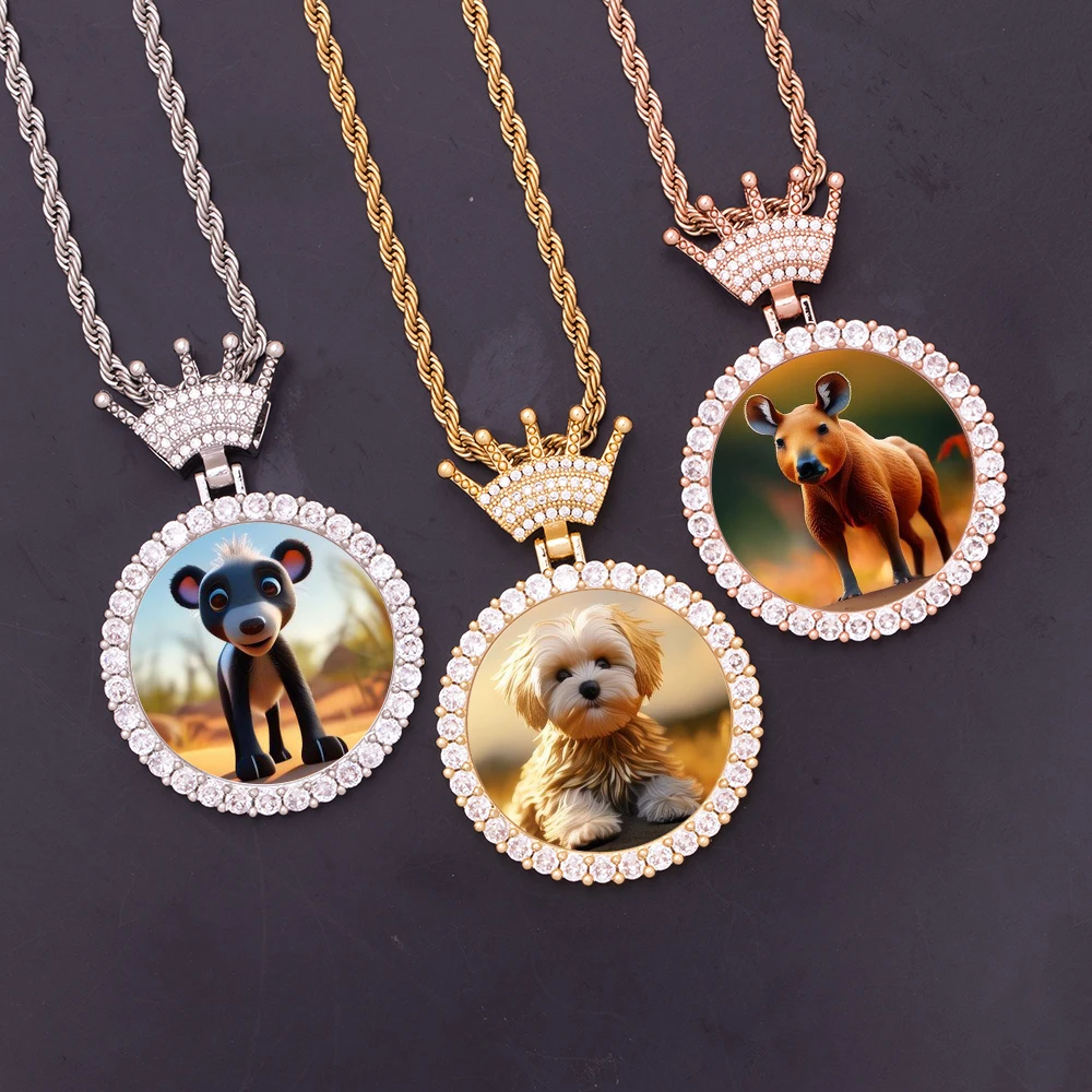 

Crown Hook CZ Round Frame Photo Pendant Small Circle Picture Necklace Zircon Brass Gold Plated Memory Sublimation Charms Jewelry