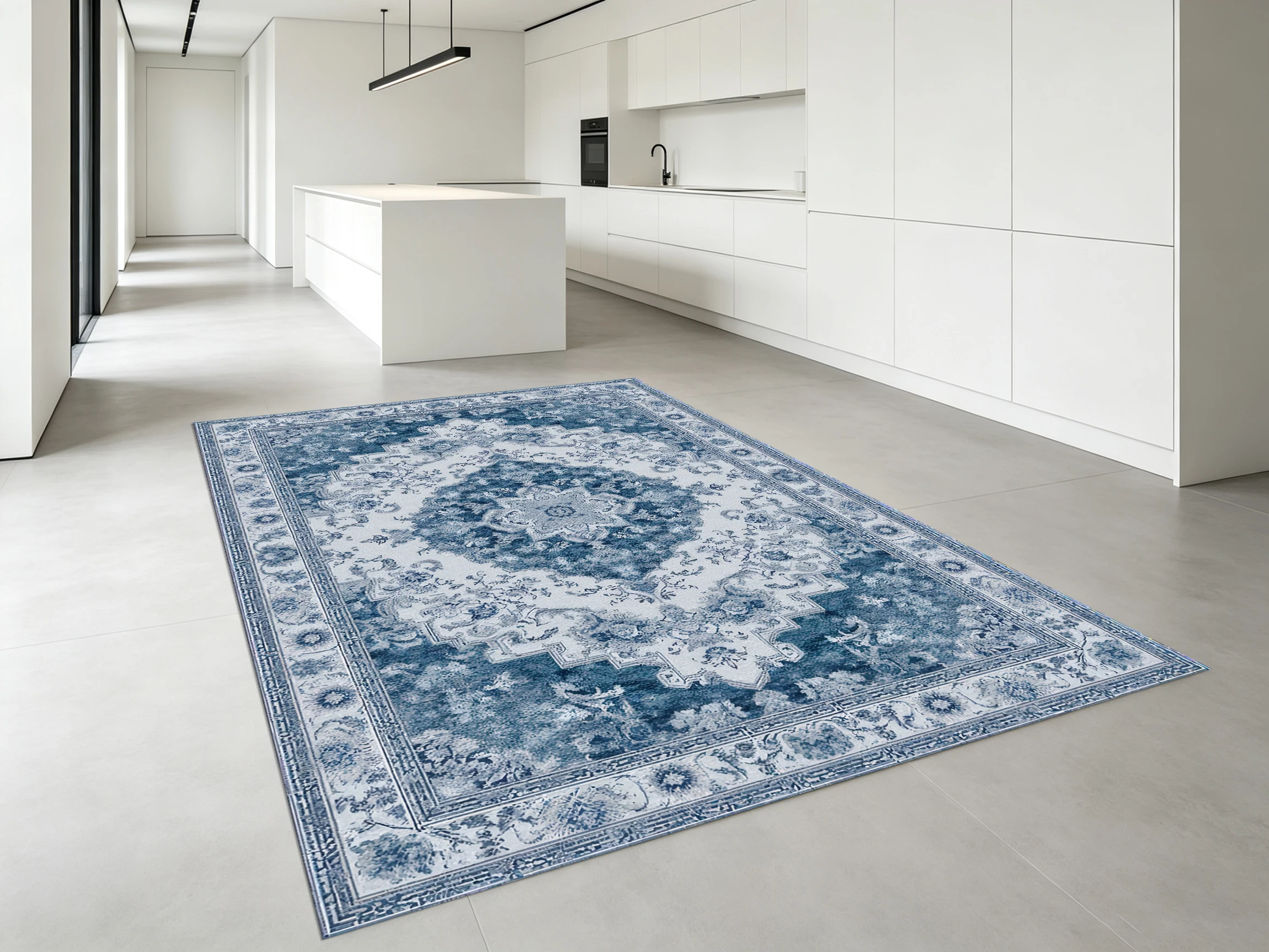 2D Large Rug in Gray-Blue Retro Persian Pattern, Soft & Comfortable, Suitable for Living Room & Bedroom, Enhancing the