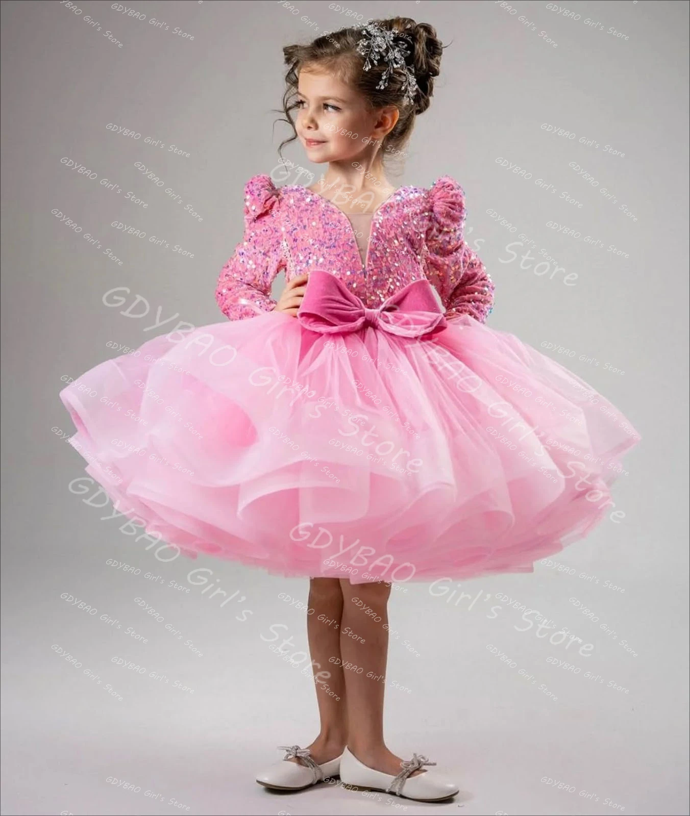 Pink Princess Gown Sparkly Sequin Flower Girl Dress for Wedding Party Toddlers Full Sleeve Birthday Dress Custom Made Vestidos