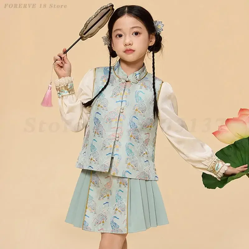

Детский винтажный костюм Тан Ханфу для девочек, новая традиционная одежда в китайском стиле, пальто с восточным принтом, плиссированная юбка