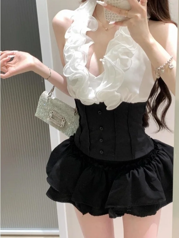 

Sweet Pure Desire Summer 2025 New Design Hanging Ne Top High Waist Puffy ort Skirt Two-Piece Set Faionable Casual Outfit