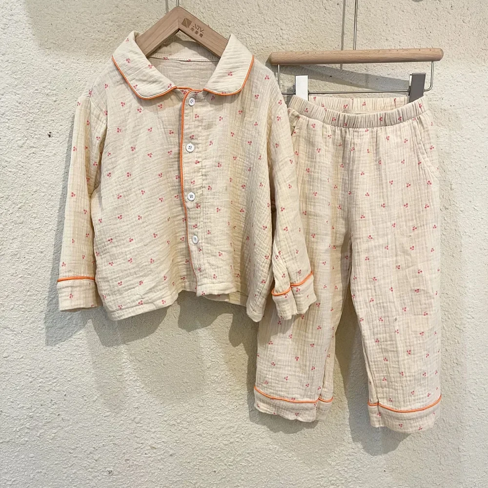 

2025 Autumn Children Pajamas Sets Long Sleeve Tops Pants 2pcs Striped Cherry Printed Toddlers Kids Sleepwear Outfits