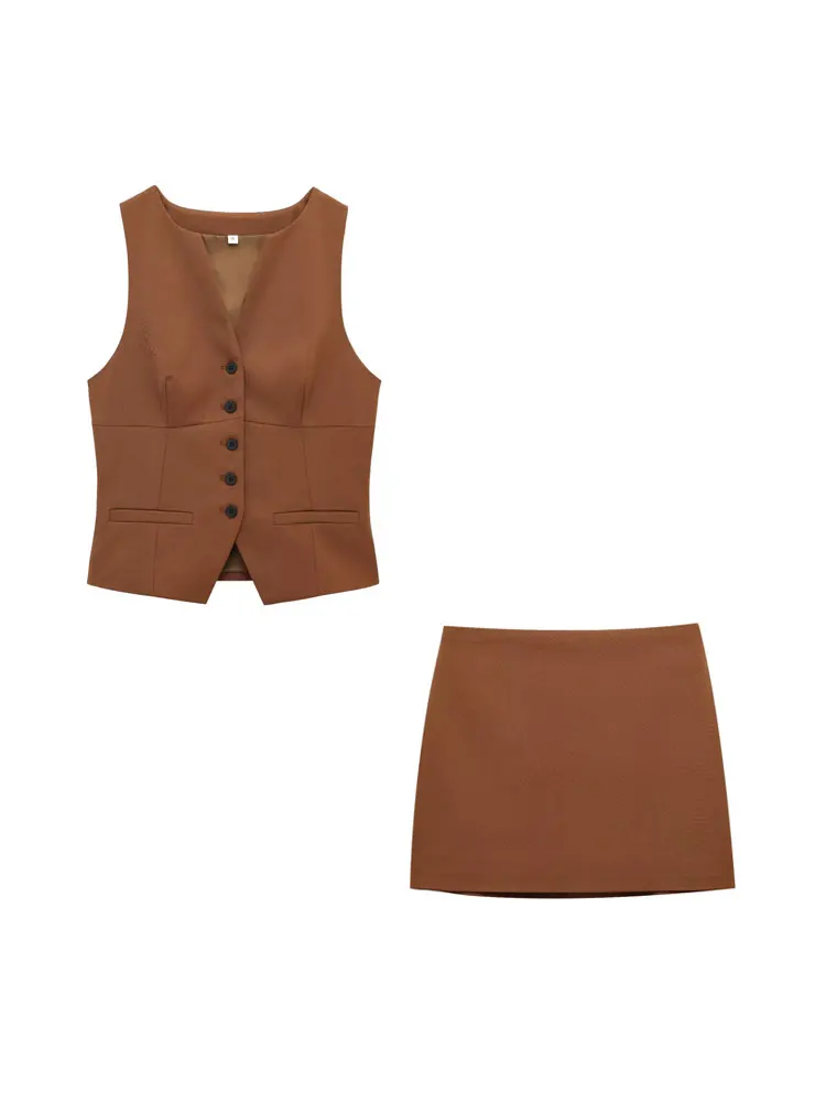 

Women Fashion Front Button Fitted Waistcoat And Mid Waist Side Zipper Female Skirts Female Two Piece Sets Mujer