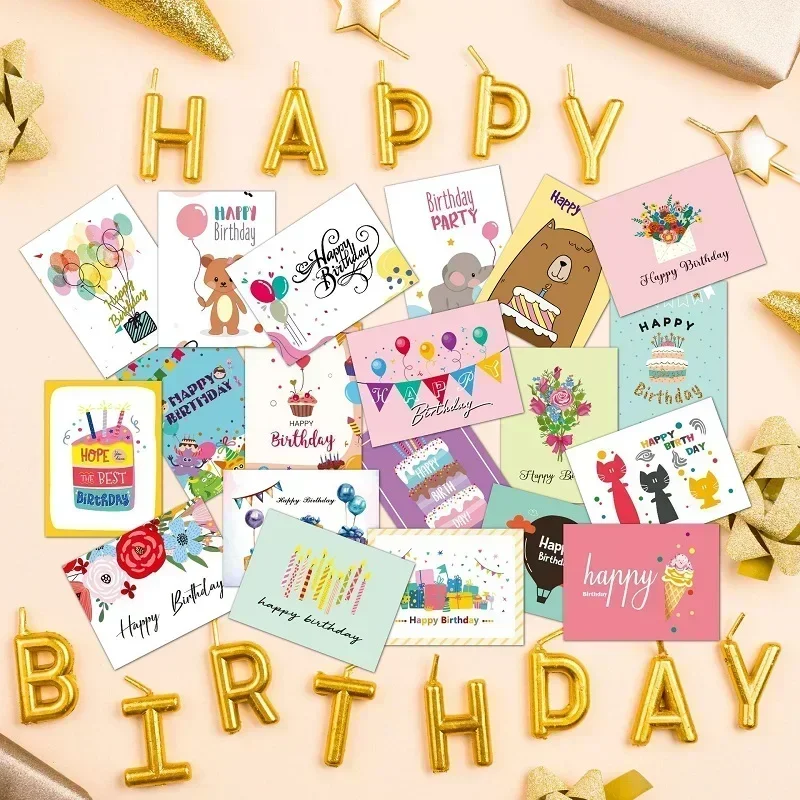 20Pcs Happy Birthday Greeting Card Blank Folding Card With Envelope Stickers DIY Message Card Birthday Party Invitation Cards