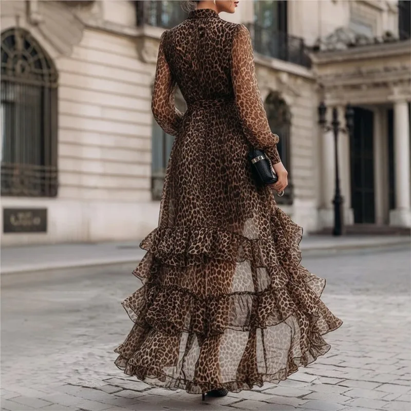 Vintage Leopard Ruffled Dress Women Spring Summer V Neck Long Sleeve Elegant Evening Party Polka Dot Dresses