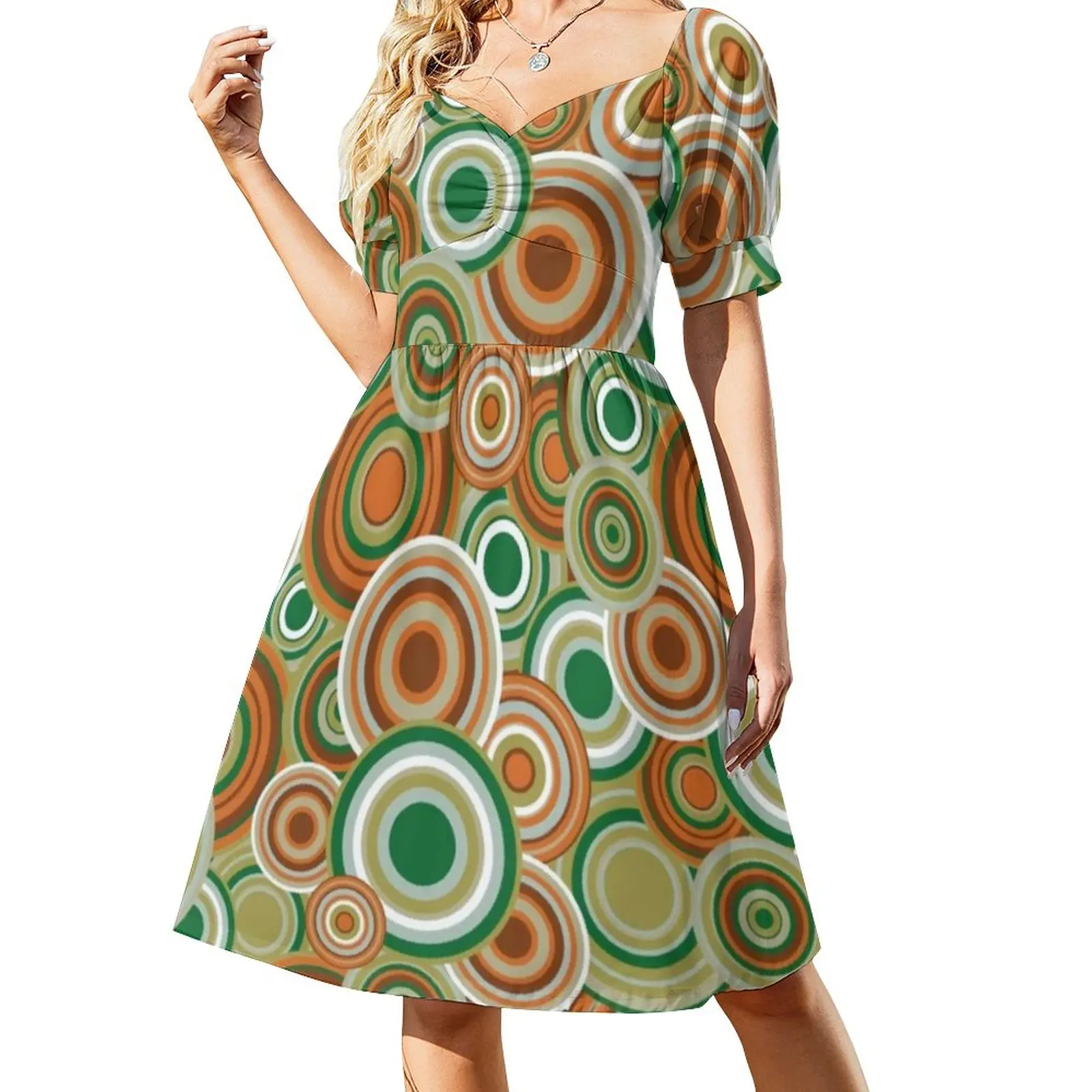 Retro 70s Circles Dress Sexy V Neck Psychedelic Pattern Elegant Dresses Aesthetic Print Oversized Casual Dress Birthday Present